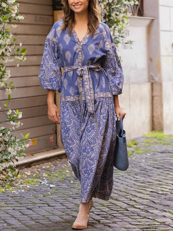 V-Neck Vintage Printed Lace-Up Midi Dress