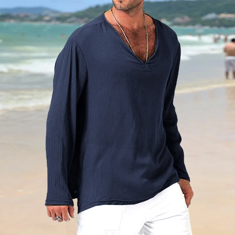 Men's Linen V-Neck Casual Loose Breathable Top Shirt