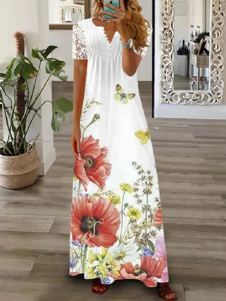 Women's Floral Printed Short Sleeve V-neck Maxi Dress