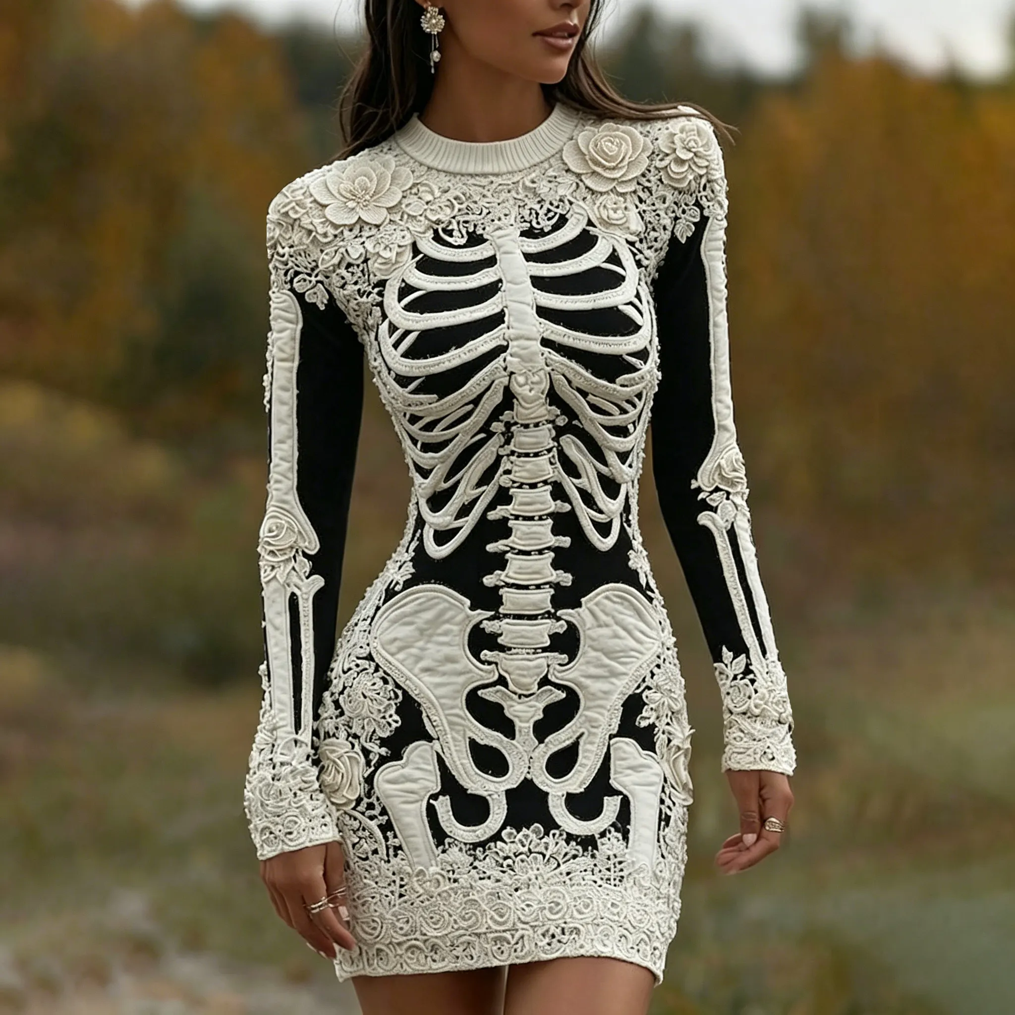 Women's Vintage Halloween Skeleton Bones With Rose Art Cozy Knit Mini Sweater Dress artswardrobe
