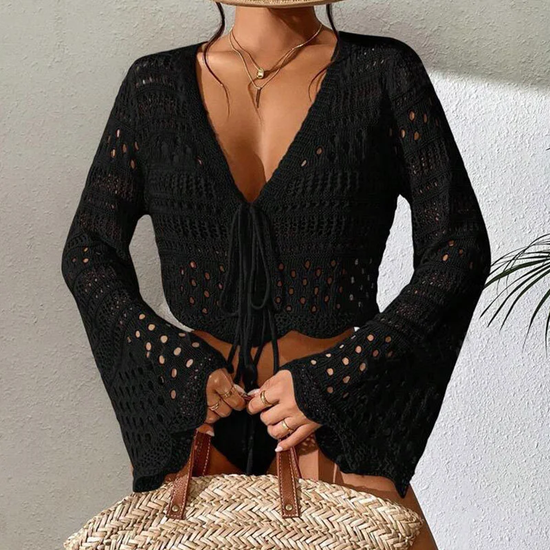 Athvotar Athvotar Knitted Hollow Beach Hoodie Strapped With Open Shirt Bikini Outside