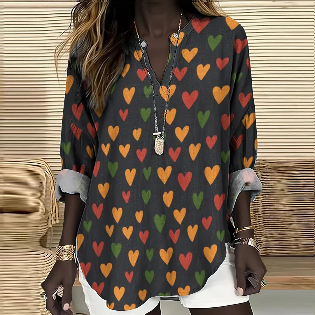 Juneteenth Heart Print V-neck Linen Blend Blouse