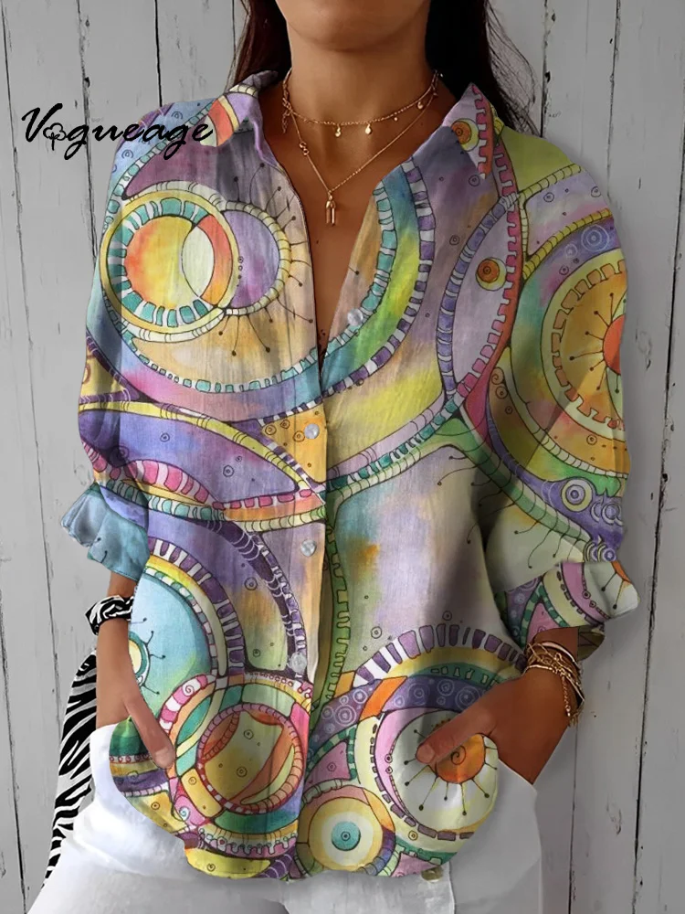 Elegant Colorful Creative Ring Printed Cotton And Linen Shirt
