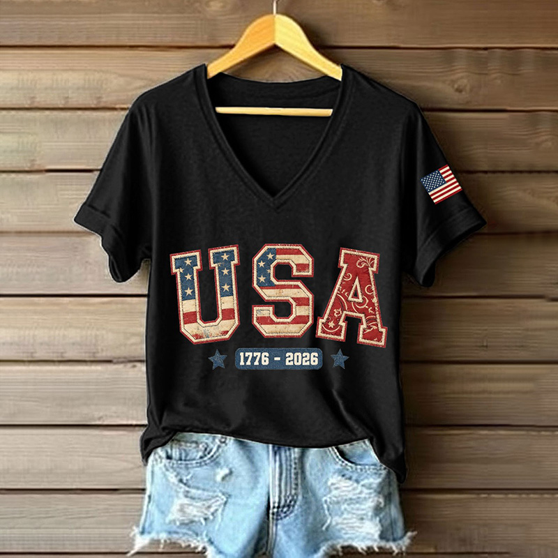  Women's Usa 1776-2026 Patchwork Pattern V-neck T-shirt Westsshops
