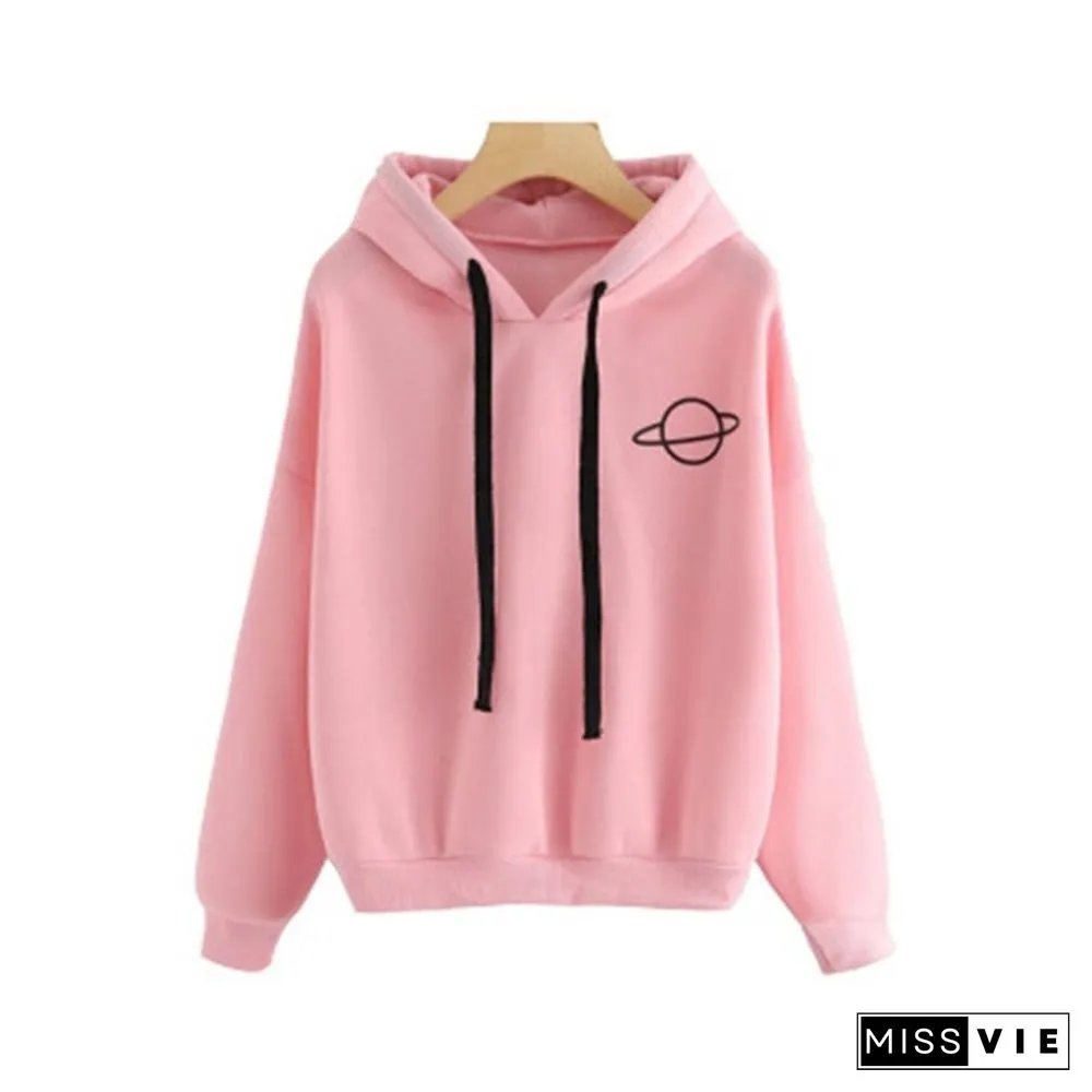 Print Planet Hoodie Women Spring Autumn Yellow Pullovers Ladies Solid Color Drawstring