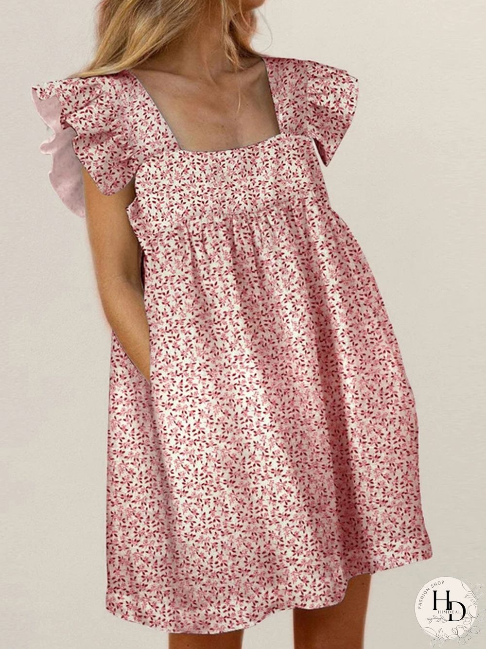 Women Ruffled Mini Dress Summer Cute Square Collar Pocket Dresses Elegant Butterfly Sleeve Beach Party Female Dresses Vestidos