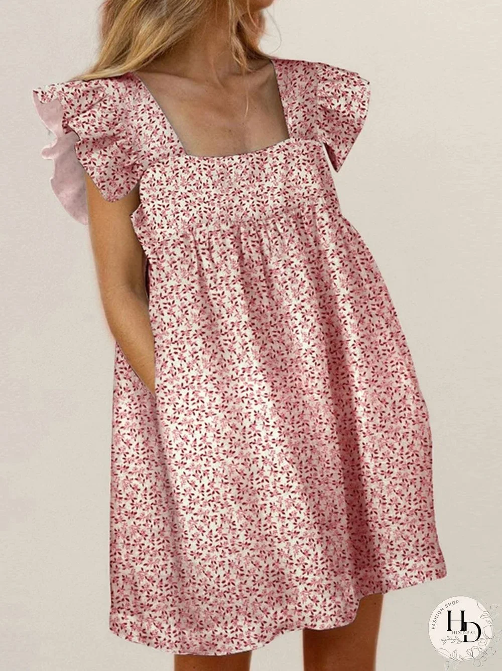 Women Ruffled Mini Dress Summer Cute Square Collar Pocket Dresses Elegant Butterfly Sleeve Beach Party Female Dresses Vestidos