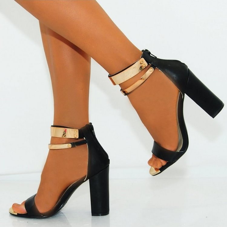 Women's Black Open Toe Chunky Heels Ankle Strap Sandals |FSJ Shoes