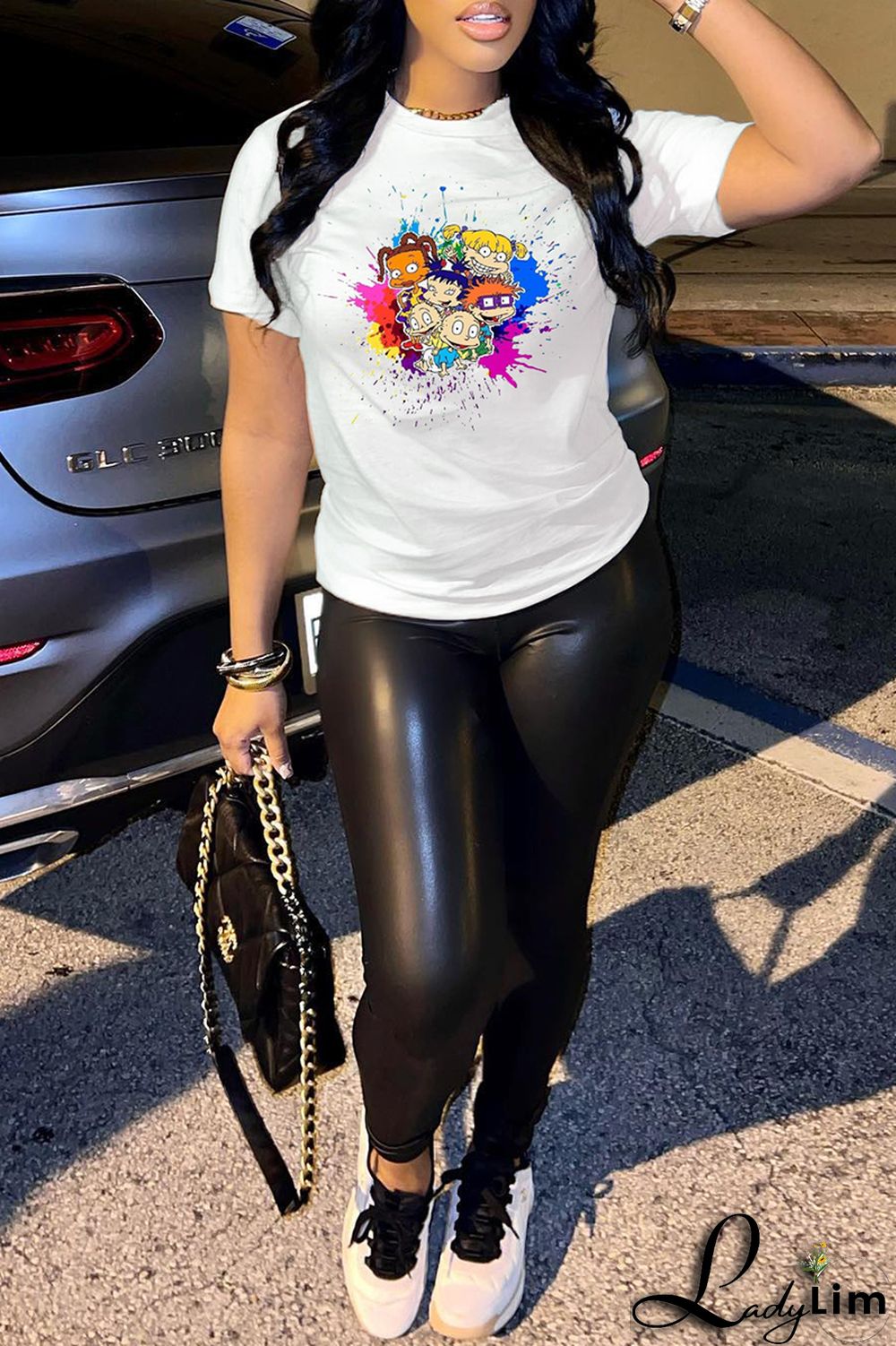 Pink Fashion Casual Cartoon Print Basic O Neck T-Shirts