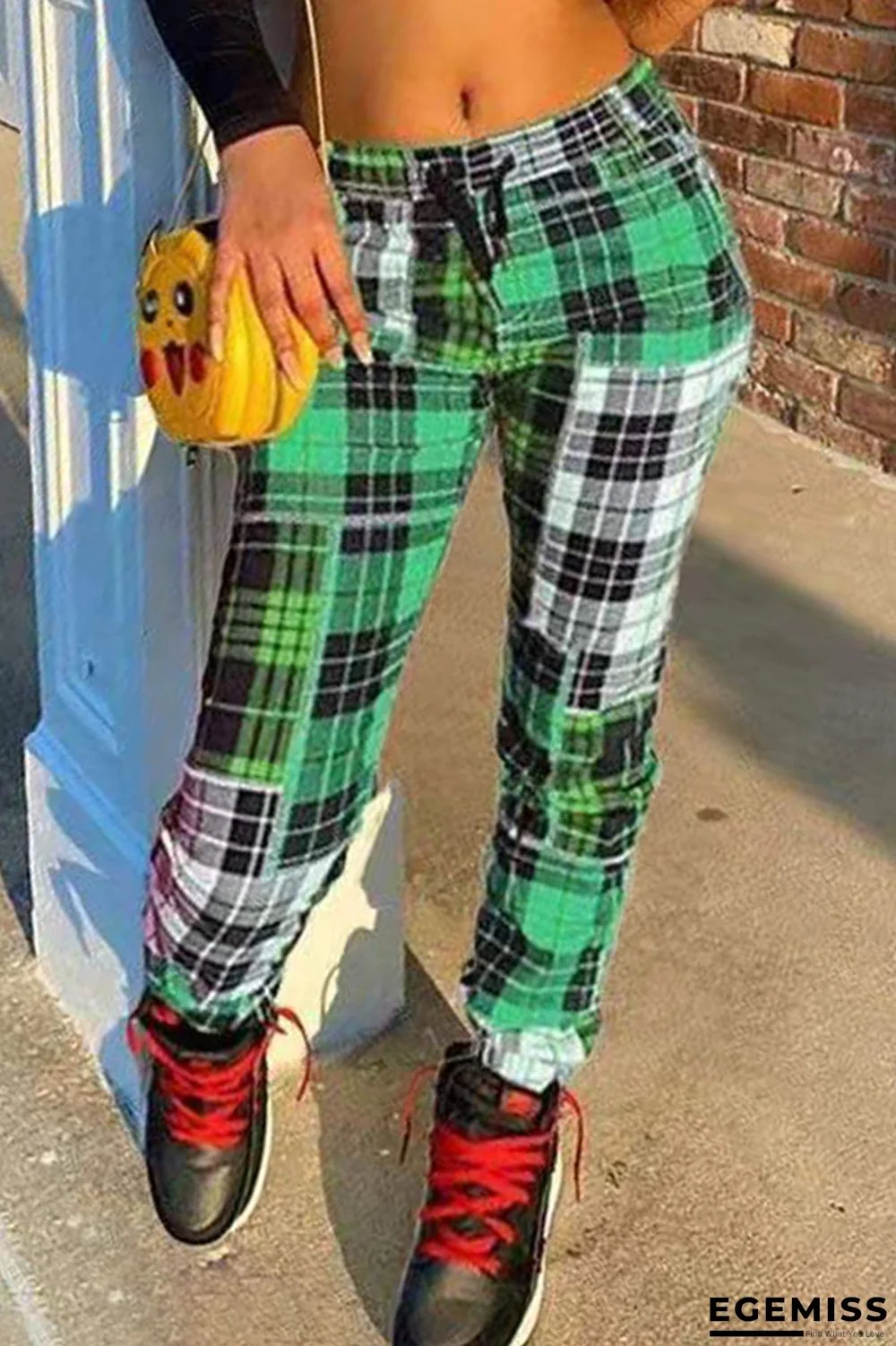 Green Fashion Casual Regular Plaid Print Trousers | EGEMISS