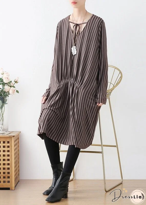 Organic Coffee V Neck Striped Knitted Cotton Thread Maxi Dress Fall