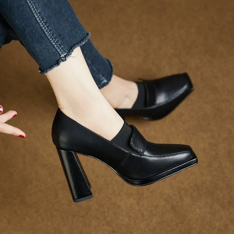 Yyvonne 2025 New Mid-Slip Women's OL Professional Fashion High-Heeled Shoes Square Heel Retro French Leather Shoes