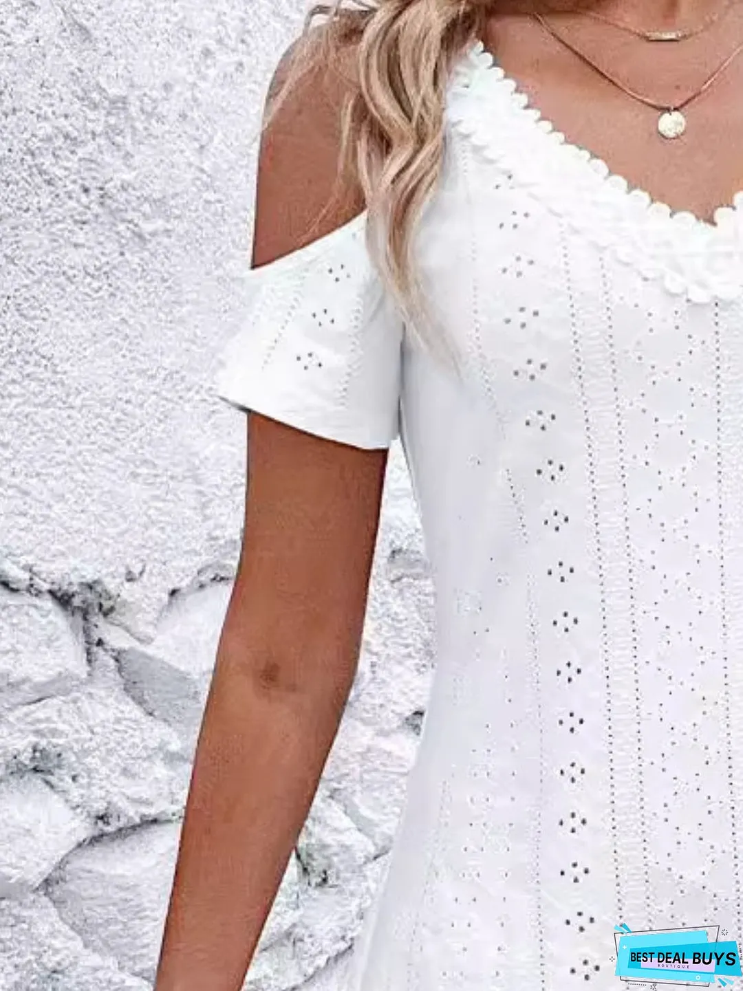 Eyelet V-Neck Cold Shoulder Mini Dress
