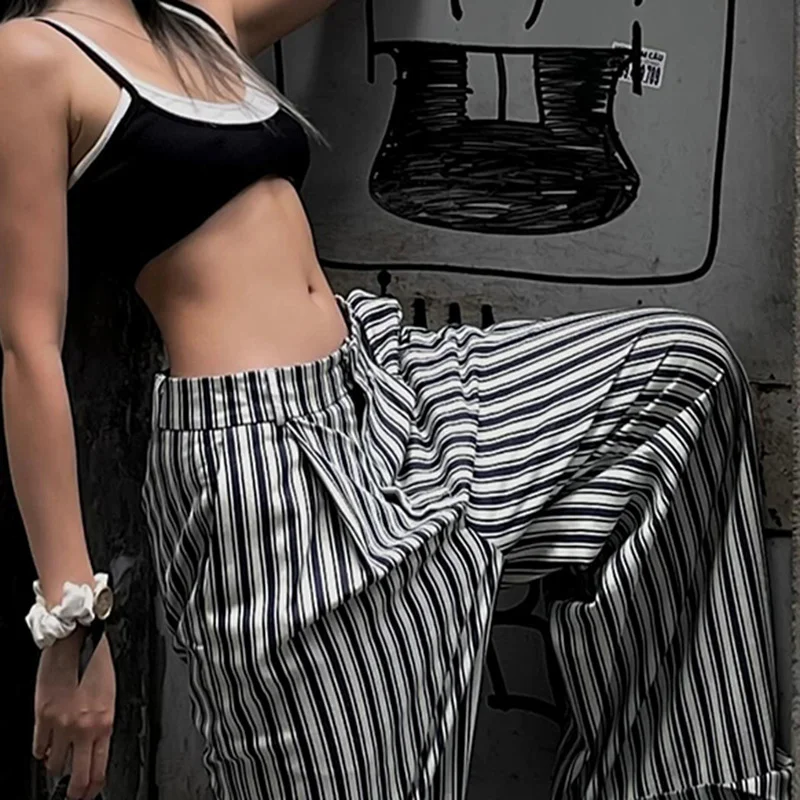 Toloer Toloer Cool Girl Wind Black And White Stripes Bump Color Low Waist Overalls Low Waist Loose Straight Tube Casual Pants-Outfit Ideas