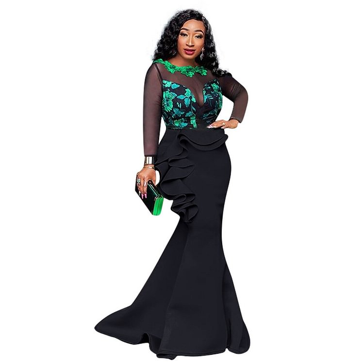 African Americans fashion QFY 2023 Spring Wedding Party Gown African Women Mesh Floral Bodycon Dresses Nigerian Clothes Ankara Dashiki Outfits Maxi Robes Ankara Style QueenFunky