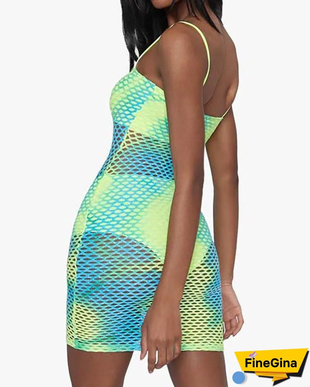 Gradient Color Fishnet Bodycon Dress With Lining