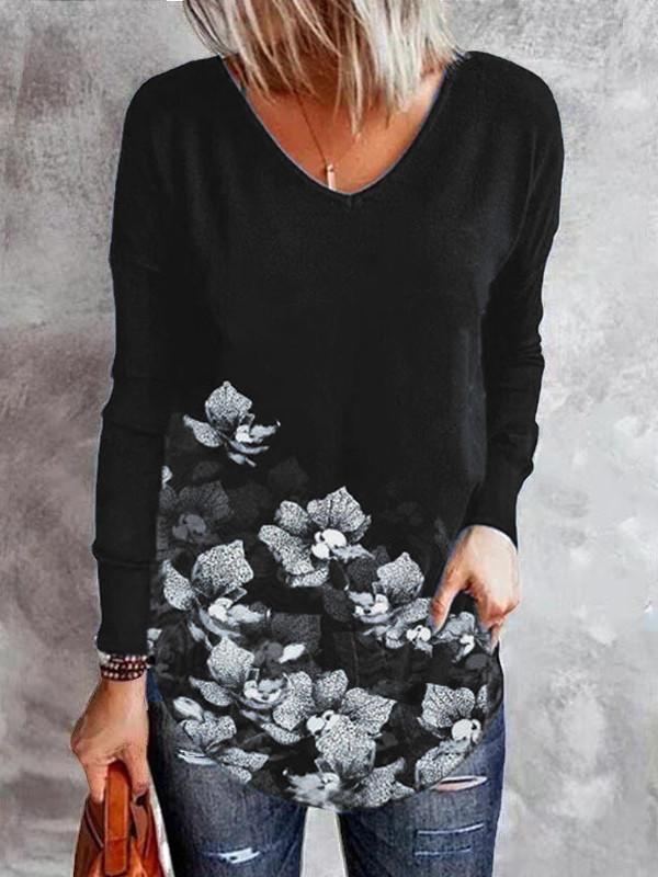 Women Long Sleeve V-neck Floral Printed Graphic Top