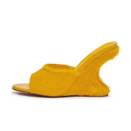 Mustard Yellow Open Toe Furry Wedge Heel Women's Mules Shoes