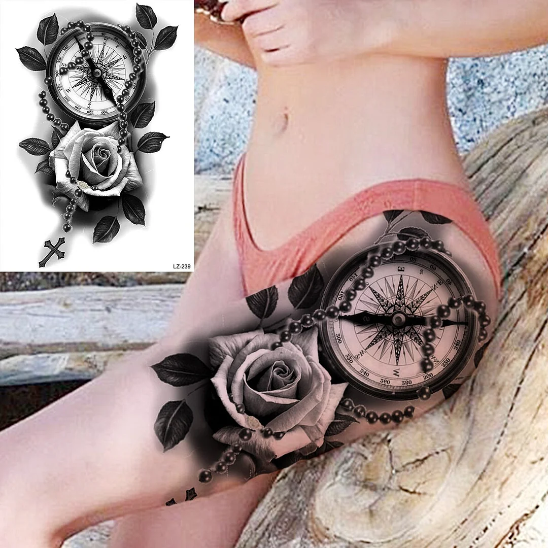 Sdrawing Peony Flower Temporary Tattoos For Women Adults Realistic Compass Moon Pendant Fake Tattoo Sticker Arm Body Tatoos