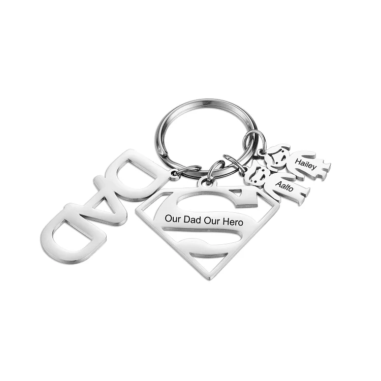 Christmas Gift Personalized 2 Kids Charms Keychain with Superman Sign Keyring for Father 