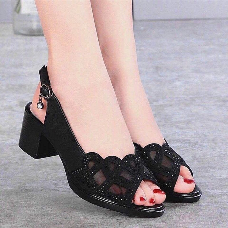 Women's Sandals Really Soft Leather Summer Mesh Fish Mouth Chunky Heel Semi-High Heeled Hollow out Soft Bottom Mom Shoes As223