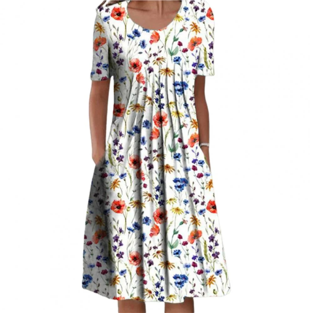 Summer Round Neck Pocket Loose Dress Spring Casual Floral Print A-Line Dress Short Sleeve Casual Midi Dress Vestido Female Cloth