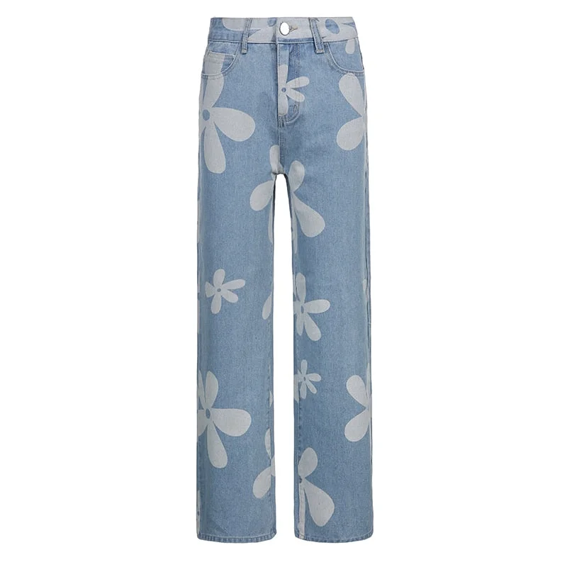 Casual Floral Print Hot Retro Jeans Streetwear Chic Cute Straight Baggy Denim Pants Aesthetic 90s Grunge Clothes Cuteandpsycho