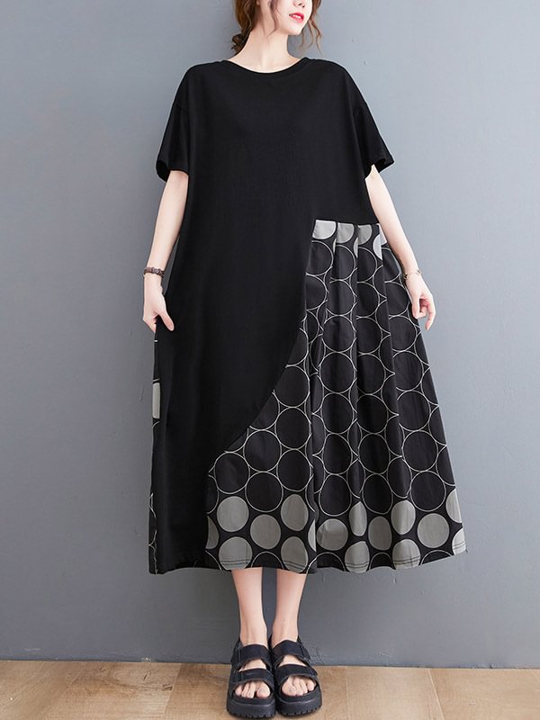 Casual Printed Polka-Dot Split-Joint  Asymmetric Round-Neck Plus Size Midi Dress