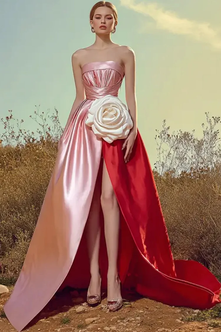 3D Floral Colorblock Satin Strapless High Slit Maxi Dress-Pink [Custom-Made]