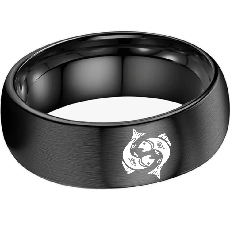 4MM 6MM 8MM Width Black Pisces Tungsten Carbide Rings Prints Laser Design Domed Top Tungsten Wedding Bands 