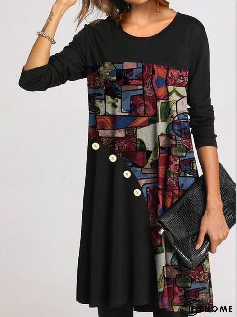 Casual stitching pullover round neck A-line skirt Shift Geometric Crew Neck Casual Knitting Dress | IFYHOME