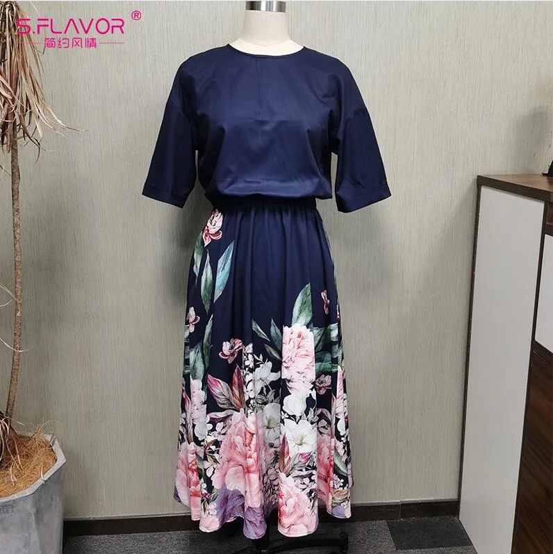 Jangj S.FLAVOR Vintage Navy Blue floral border Midi Dress 2022 Autumn Backless Sexy Vestidos Women Casual Half Sleeve Sundress