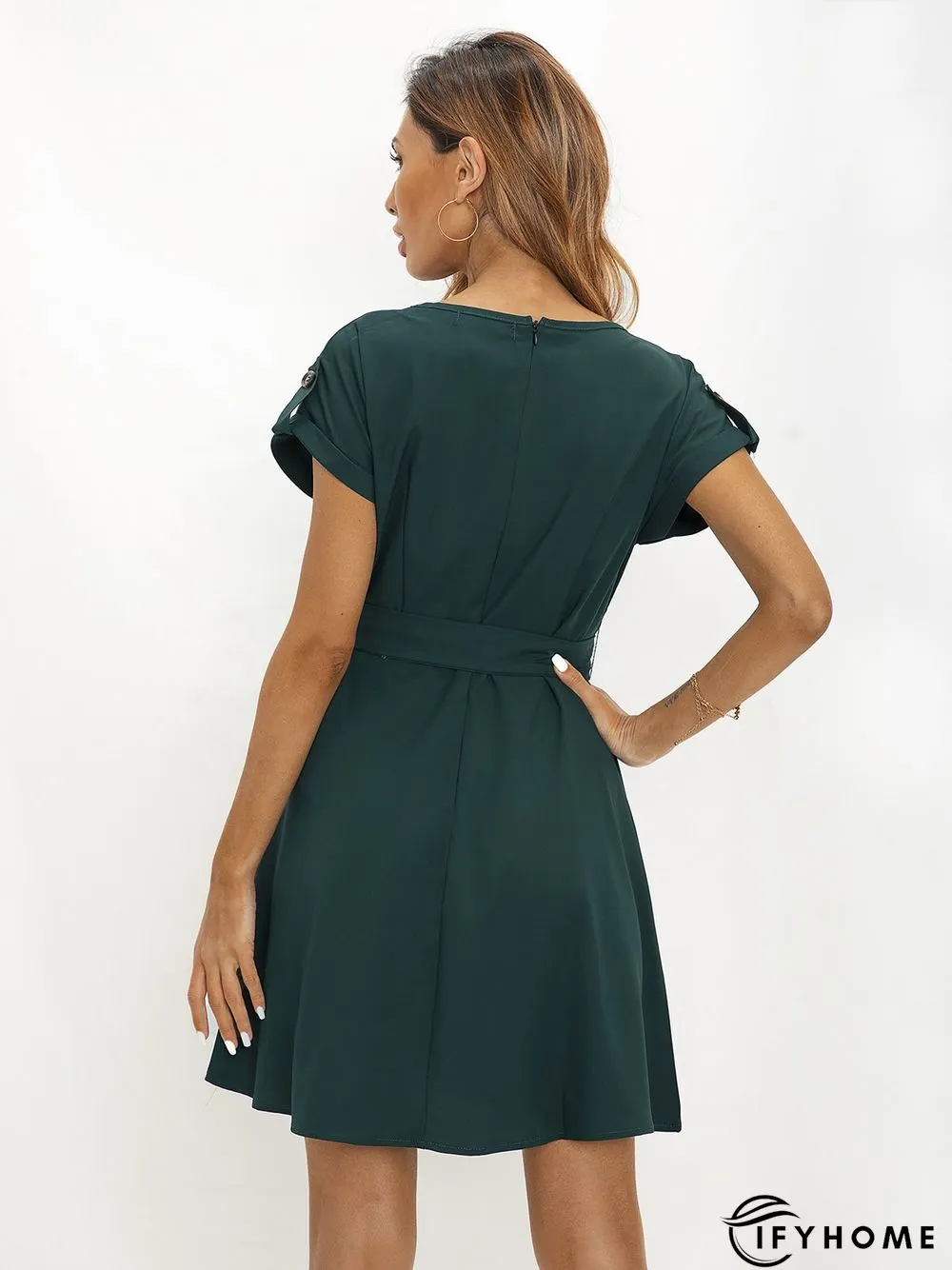 Green Tc V Neck Casual Plain Weaving Dress | IFYHOME
