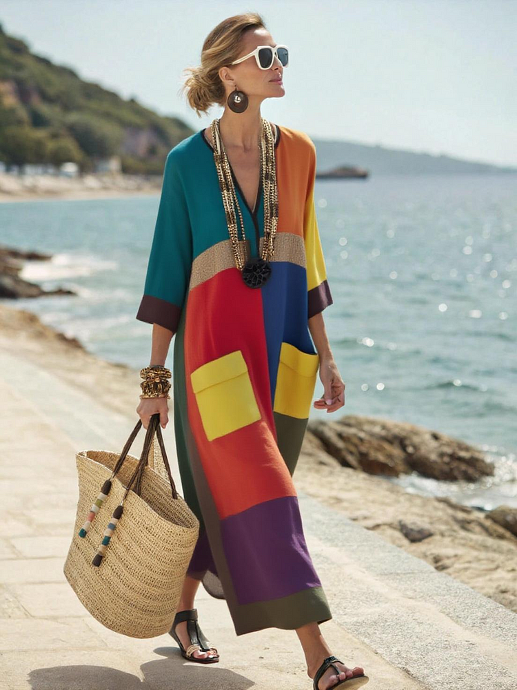 Pocketed Linen Colour Block Printed Loose Women's Dresses