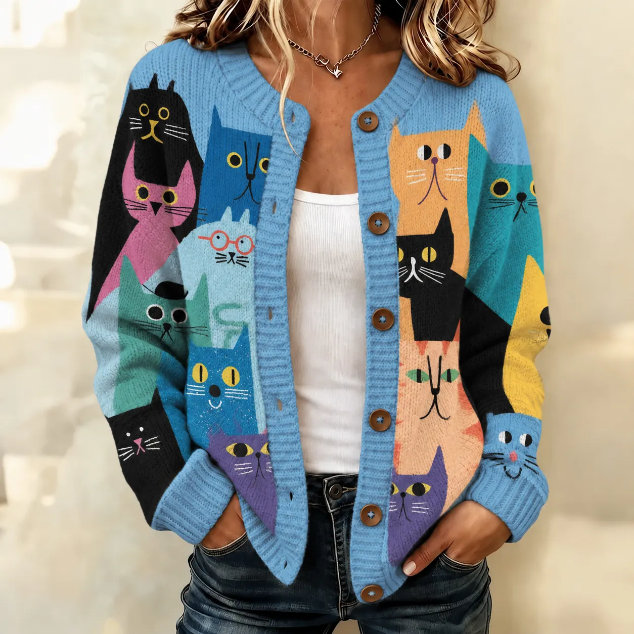 Comstylish Women's Cute Cat Art Print Cozy Knit Cardigan