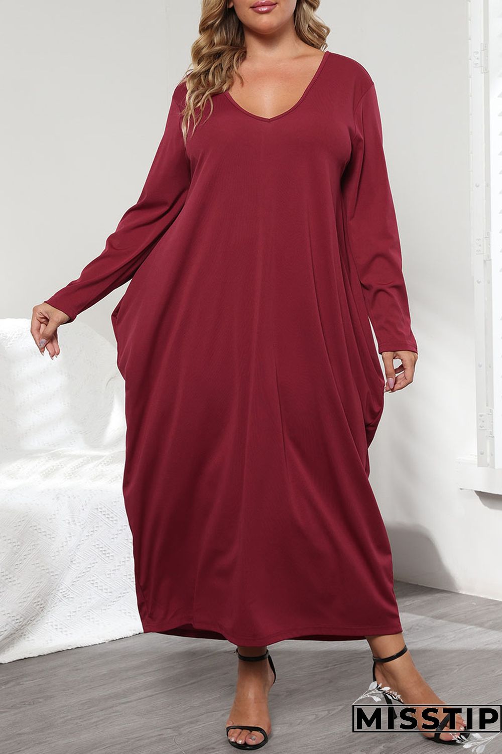 Purplish Red Casual Solid Patchwork Pocket Frenulum V Neck Long Sleeve Plus Size Dresses