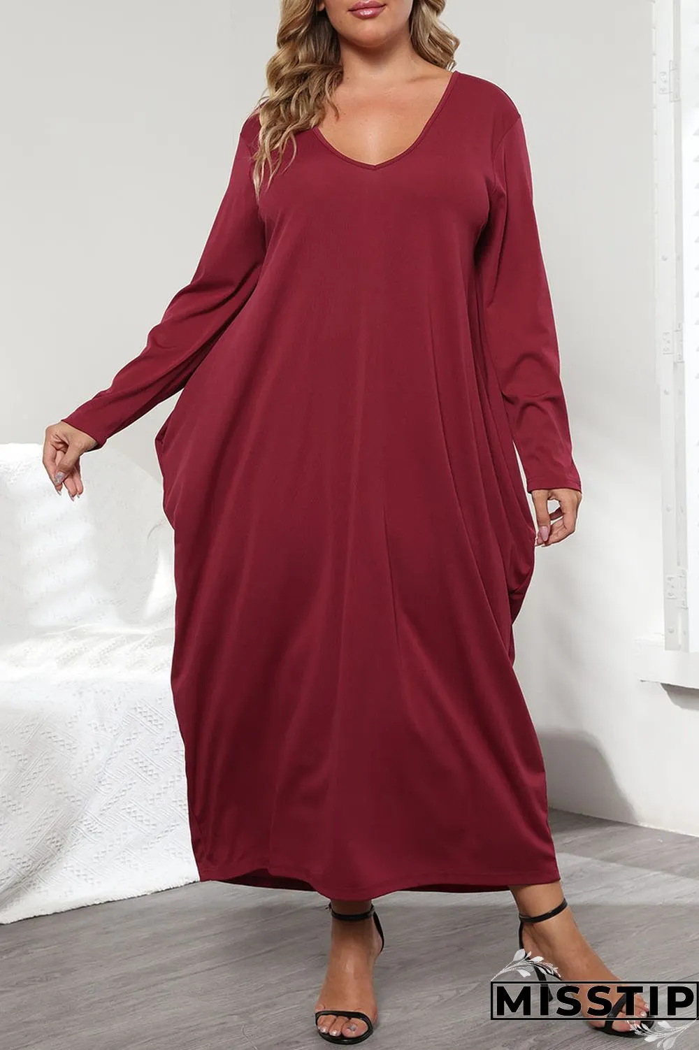 Purplish Red Casual Solid Patchwork Pocket Frenulum V Neck Long Sleeve Plus Size Dresses