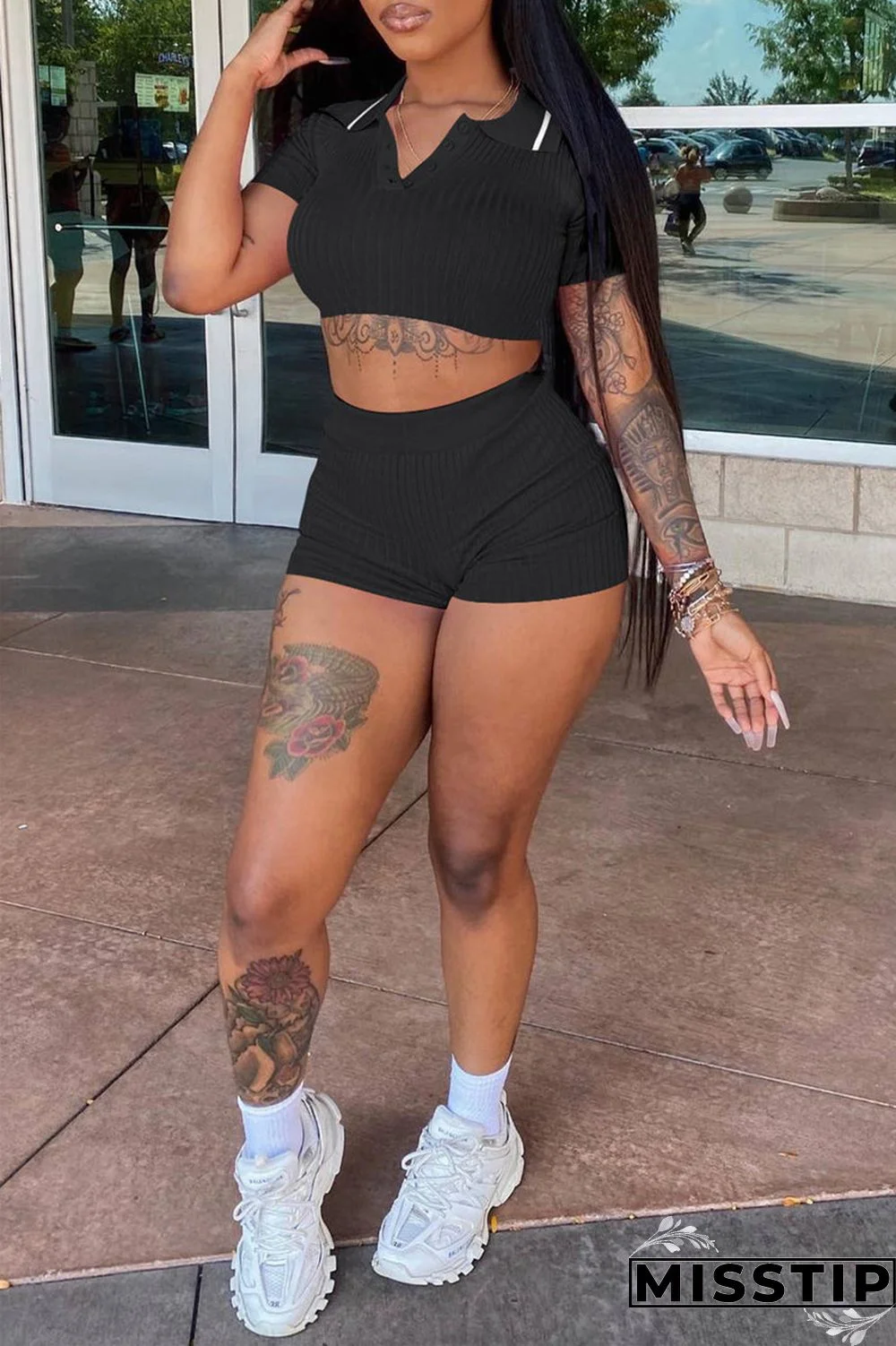 Black Fashion Casual Solid Basic Turndown Collar Short Sleeve Two Pieces