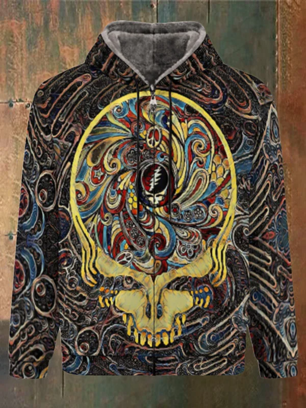 Unisex Skull Print Double Layer Fleece Zip-Up Hooded Jacket