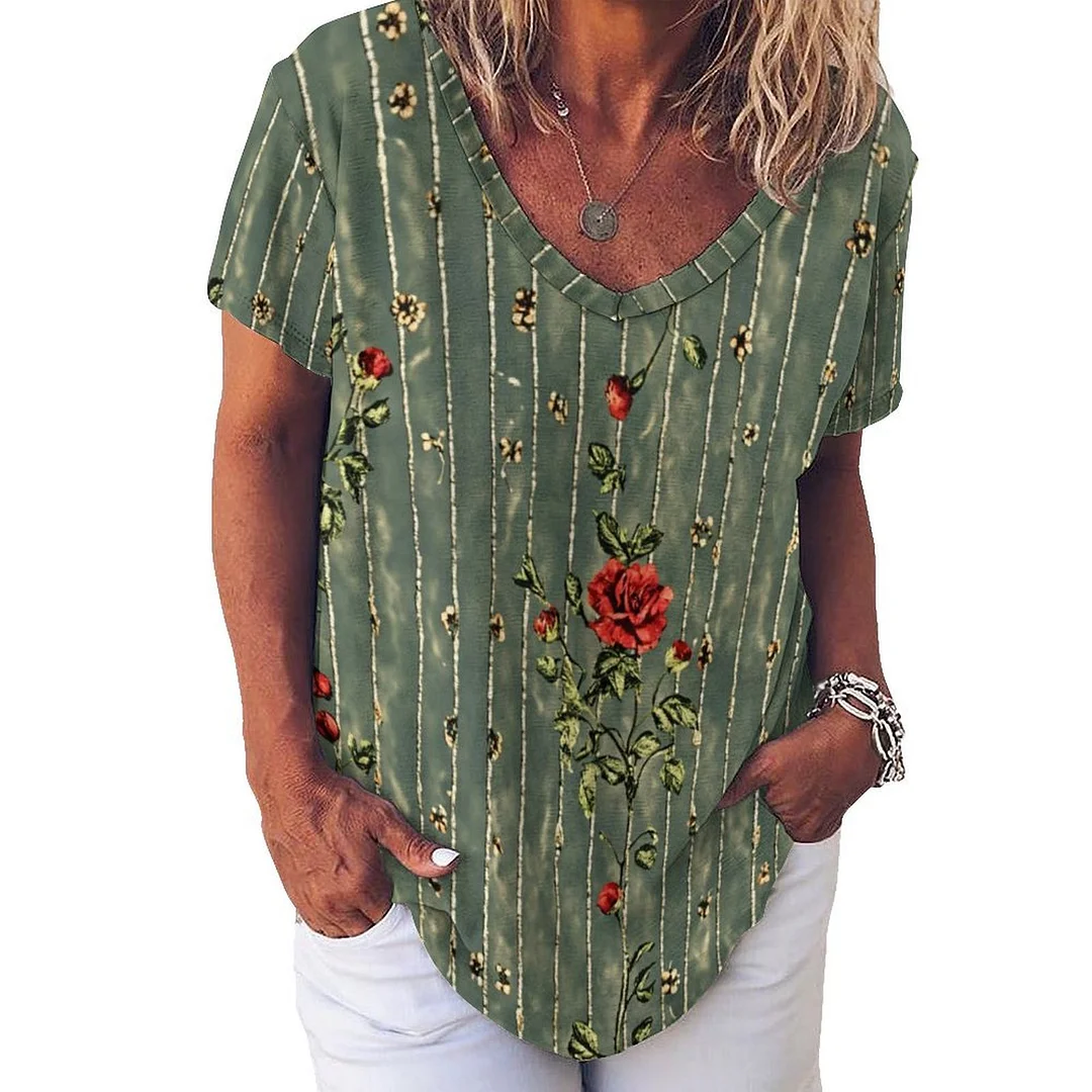Style & Comfort for Mature Women V-neck Short Sleeve Casual T-shirt for  Women Printed with Pattern Green, Floral, Red, Rose