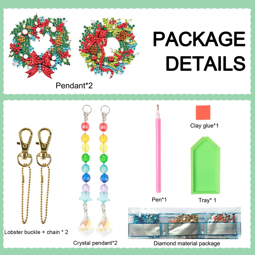 2pcs DIY Wreath Suncatcher Diamond Painting Art Pendant Christmas Home Windows Decor