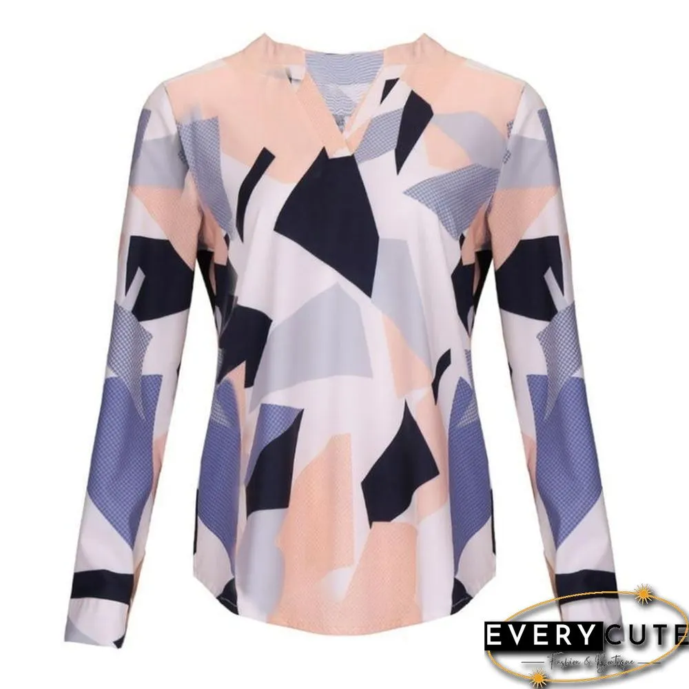 Women Casual V-neck Geometric Print Blouse Long Sleeve Blouses Shirts