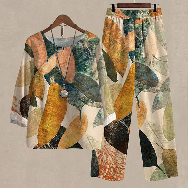 Comstylish Casual Crew Neck Leaf Print Loose Two Piece Set