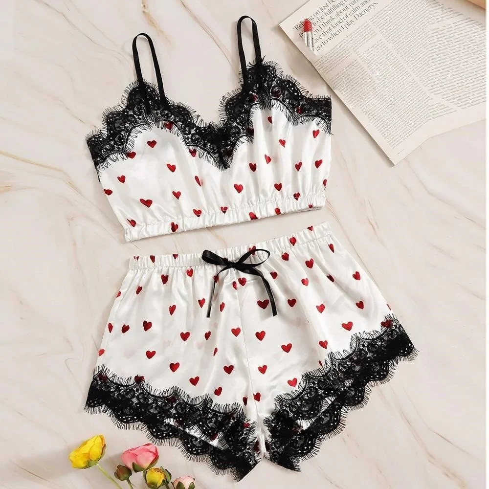 Churchf Direct Selling Love Summer Pajamas Set Tector Lace Ice Sling Skirt Home Dress Print