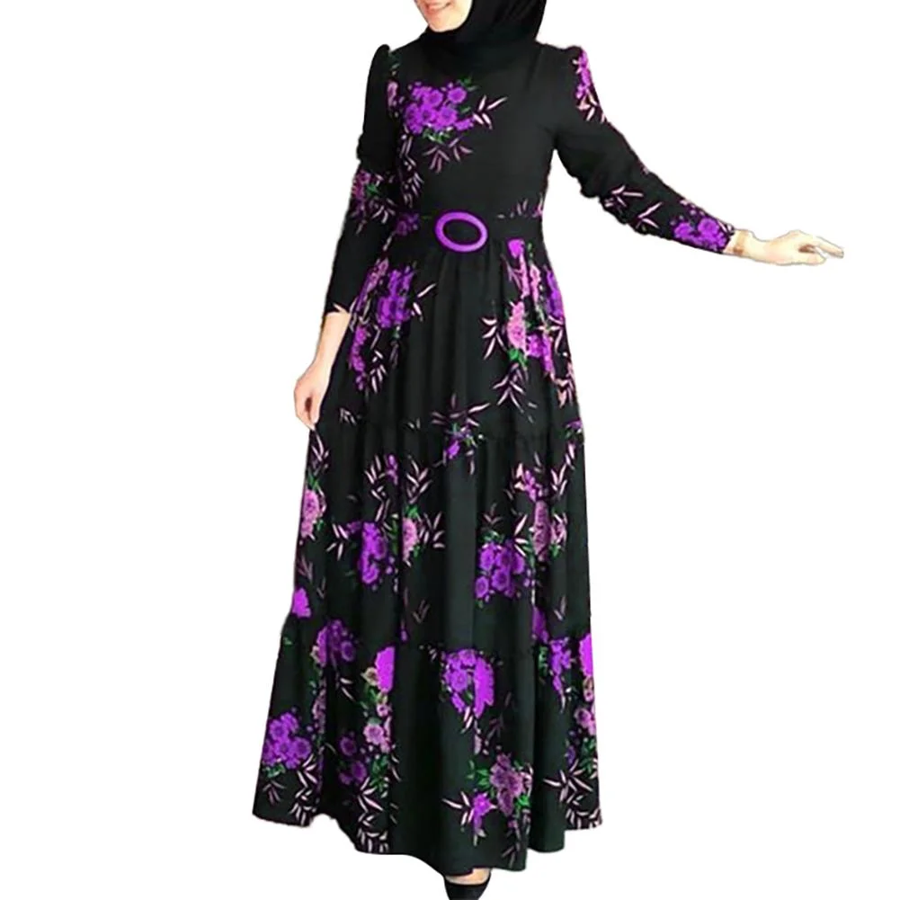 Muslim Abaya Dress Women Vintage Ethnic Floral Print Belt Maxi Kaftan Robe Long Sleeve Casual Long Dresses Party