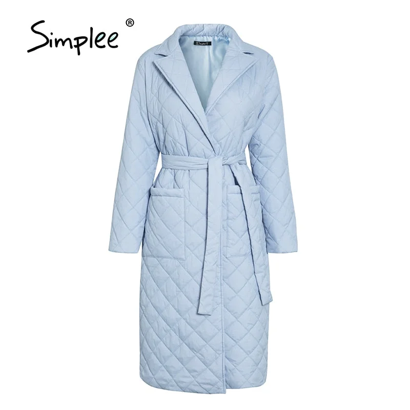 Simplee Long straight winter coat with rhombus pattern Casual sashes women parkas Deep pockets tailored collar stylish outerwear