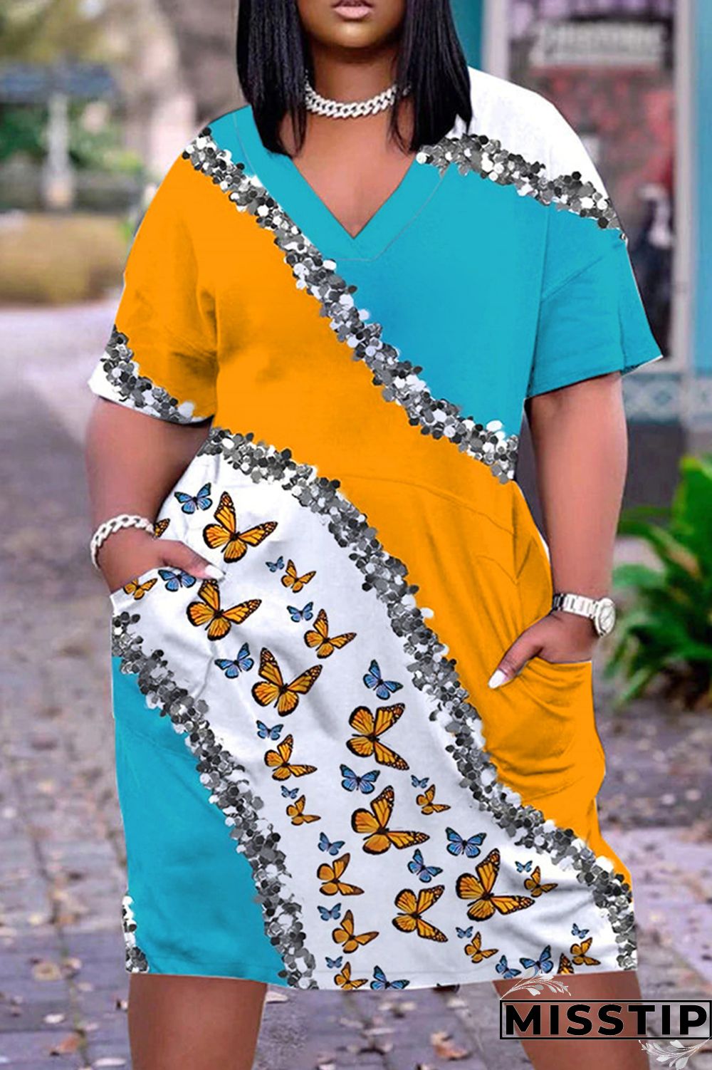 Black Orange Casual Print Basic V Neck Short Sleeve Dress