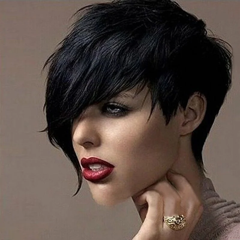 High Temperature Silk Black Oblique Bangs Short Straight Hair Wig Female