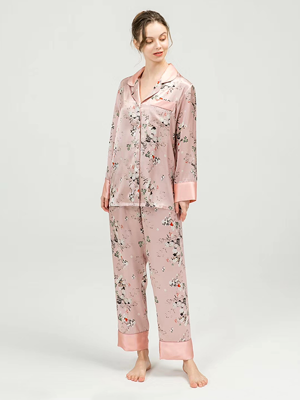 Clearance-19 Momme Pink Spring Tiny Flowers Silk Pajamas REAL SILK LIFE