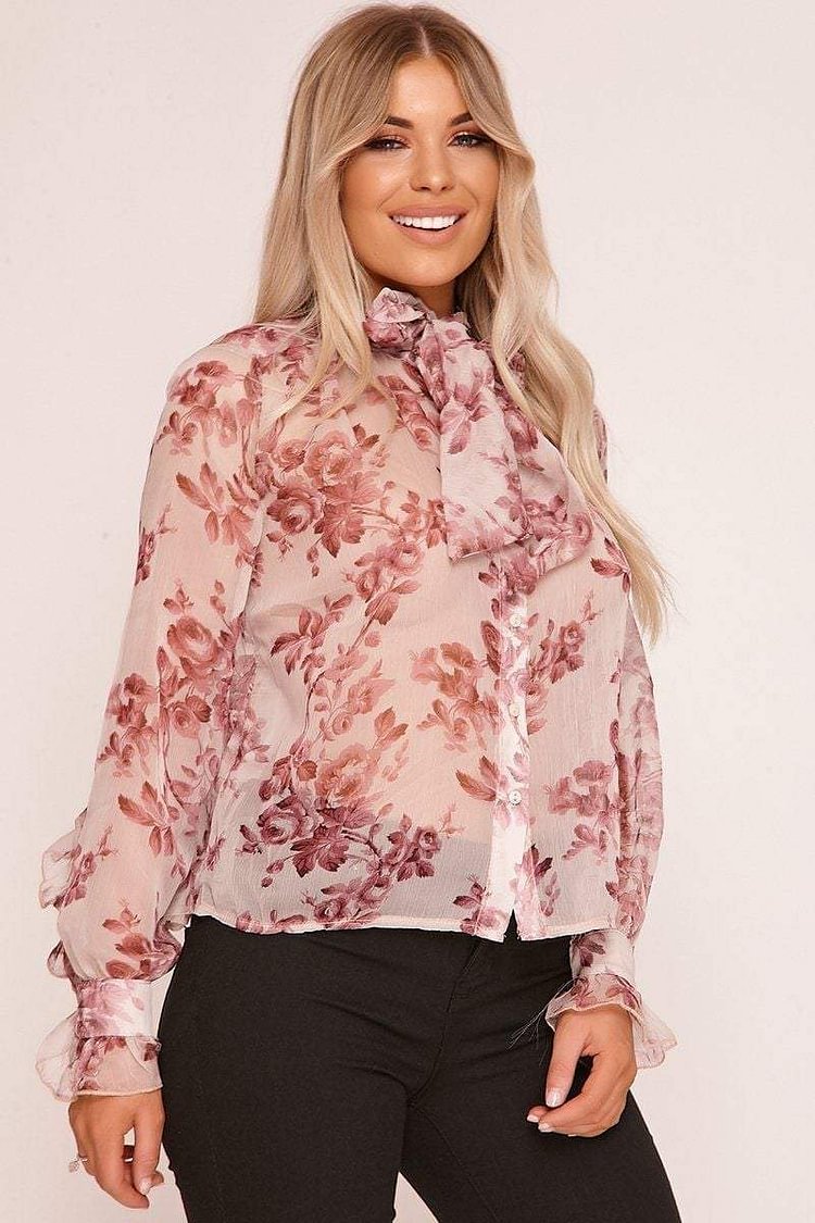 Rose Floral Print Pussy Bow Blouse Katch Me